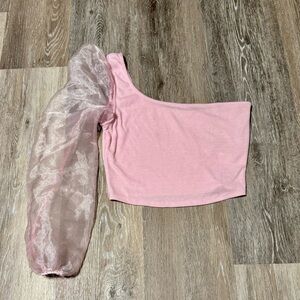 Blue Blush - One-Shoulder Top with Organza Sleeve - Size Small
